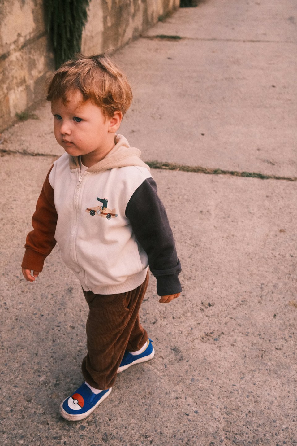 Bambino con felpa fantasia cammina su un sentiero di pietra.